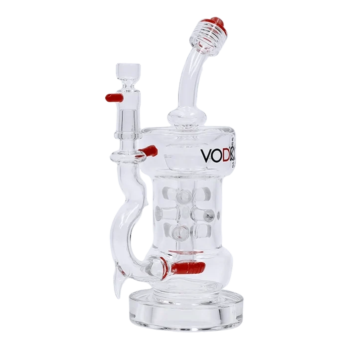 Angled close-up of the Vodka Icy Thunder Water Pipe - Red - 8.5in., showing its clear glass chamber, curved neck, and red accent knobs.