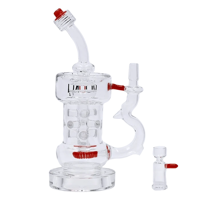 Angled close-up of the clear glass Vodka Icy Thunder Water Pipe - Red - 8.5in. showing its curved neck, red accents, and chamber details.