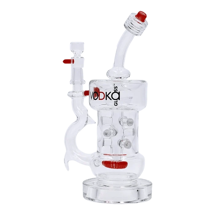 Angled front view of the Vodka Icy Thunder Water Pipe - Red - 8.5in. showing clear glass chambers with red accents and a curved mouthpiece.