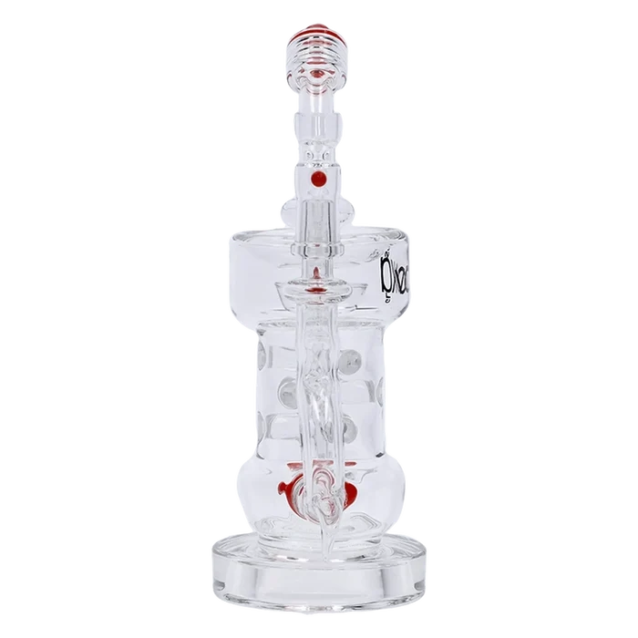 Center-frontal view of the Vodka Icy Thunder Water Pipe - Red - 8.5in., showing clear glass with red accents and stacked chamber details.